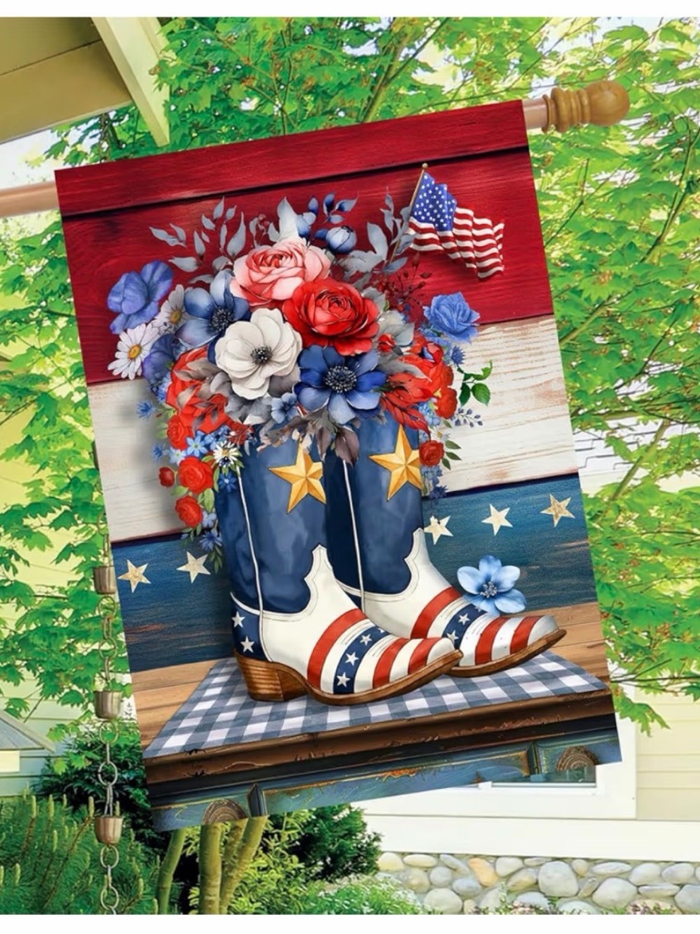 Patriotic Cowboy Boot Garden Flag with Floral Bouquet by Briarwood Lane